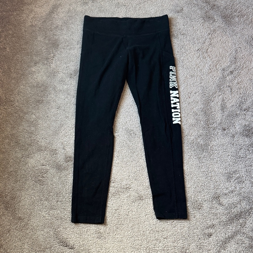 PINK Victoria’s Secret Black Yoga Leggings Logo Graphic Activewear SIZE M